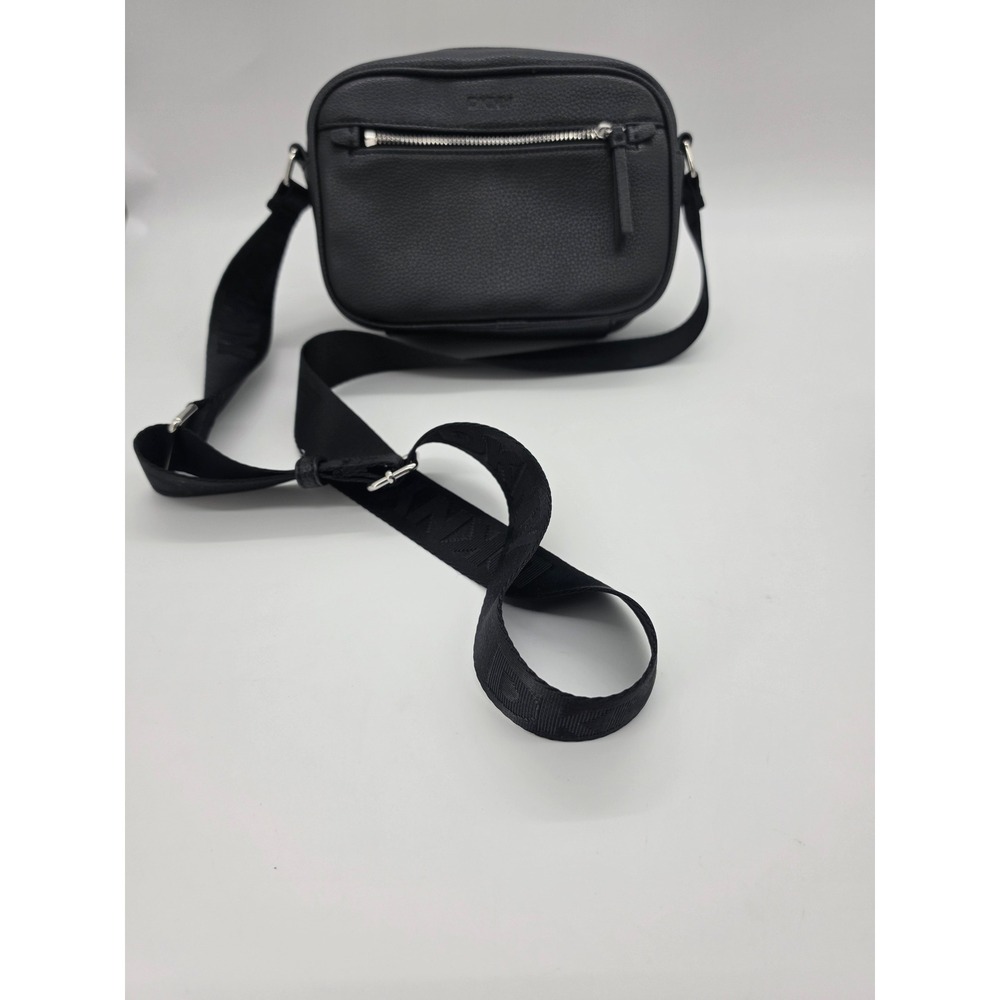 DKNY Black Pebbled Faux Leather Crossbody Camera Bag with Logo Webbing Strap